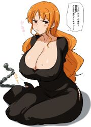 alternate_costume anger_vein arms_behind_back blush bondage bound bound_arms breasts brown_eyes chains cleavage covered_nipples dress female female_only highres huge_breasts large_breasts long_hair nami nami_(one_piece) nipple_bulge one_piece orange_hair post-timeskip rebake side_slit sitting solo speech_bubble sweatdrop text translated translation_check very_long_hair white_background yokozuwari