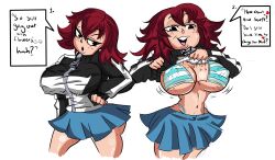 1girls black_eyes female freckles freckles_on_ass freckles_on_breasts freckles_on_face freckles_on_hands freckles_on_hips freckles_on_thighs ghostinhood jacket_lift kim_pine nipple_bulge panties partially_clothed presenting red_hair scott_pilgrim short_hair striped_underwear underwear