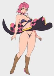 black_thong boots breasts choker front_view full_body jojo's_bizarre_adventure legs long_skirt nipple pink_hair pussy riko_(artist) skimpy skirt skirt_lift skirt_up small_breasts standing thick_thighs thighs thong trish_una vento_aureo wind_lift