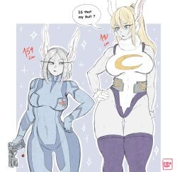 2girls big_breasts blonde_hair bodysuit boku_no_hero_academia breasts cosplay crossover crossover_cosplay ettso female female_only gun height_difference large_breasts larger_female leotard long_hair metroid miruko miruko_(cosplay) multiple_girls my_hero_academia outfit_swap ponytail rabbit_ears rumi_usagiyama samus_aran samus_aran_(cosplay) size_difference skin_tight taller_girl thick_thighs thighhighs white_hair zero_suit zero_suit_samus_(cosplay)