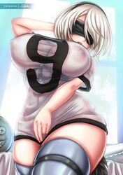 1girls android areolae big_breasts blindfold breasts bursting_breasts character_plushie curvy emil_(nier) female female_only gigantic_breasts hair huge_breasts large_breasts nier nier:_automata nipples no_bra see-through sevie solo thick_thighs video_games white_hair yorha_2b