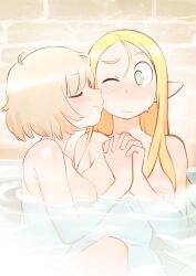 2girls bath blonde_hair breasts colo dungeon_meshi elf elf_ears elf_female falin_touden female female_only kiss kissing kissing_cheek marcille_donato multiple_girls nude tagme water wholesome yuri