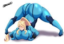 1girls 46ayamahi alternate_breast_size ass blonde_hair blue_eyes gigantic_breasts huge_ass jack-o_pose jackochallenge metroid one_eye_covered plugsuit samus_aran signature spread_legs white_background zero_suit_samus