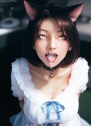 ahe_gao ai_generated black_hair bob_cut cat_bell cat_ears catgirl choker collarbone cum cum_in_mouth dress female frilly_clothing large_breasts nai_diffusion open_mouth original original_character parted_bangs pujopg ribbon rolling_eyes short_hair slit_pupils white_dress yellow_eyes