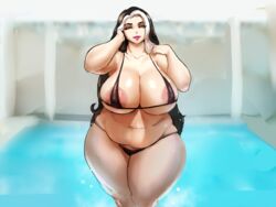 1girls abigail_(donaught) areolae bikini bimbo breasts chubby clothed donaught female female_only goth huge_breasts lipstick looking_at_viewer milf original_character overweight solo swimming_pool thick_thighs venus_body wide_hips