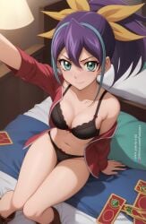 ai_generated bed blue_hair blush bra breasts celina female green_eyes hi_res jacket looking_at_viewer pak-fa-t-50 panties ponytail ribbon serena_(yu-gi-oh!_arc-v) smile underwear yu-gi-oh! yu-gi-oh!_arc-v