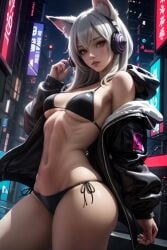 abdomen abdominals abs ai_generated anime ass ass_cleavage bare_shoulders bikini bikini_bottom bikini_top breasts city city_background cityscape ears_up fingers fit fit_female fitness fitness_model fox_ears from_below hair_between_eyes hd hd_(traditional) headphones headphones_on_head high_resolution highres hood hood_down hooded_jacket hoodie lips looking_at_partner looking_at_viewer medium_breasts medium_hair model navel navel_line navel_piercing night night_sky pose posing posing_for_picture posing_for_the_viewer realistic red_eyes seductive seductive_look seductive_pose shiny shiny_clothes shiny_hair shiny_skin short_hair side_view sideboob silver_hair sky4maleja sleeveless thick_ass thick_legs thick_thighs thong thong_bikini underboob underwear vastaya waifu_diffusion