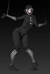 animatronic animatronic_female black_background black_hair black_skin breasts buttons caiodelucas_art female female five_nights_at_freddy's five_nights_at_freddy's_2 hair haunted humanoid_robot joints marionette_(fnaf) mask masked_female possessed puppet puppet_(fnaf) puppet_strings robot_girl robot_humanoid shoulder_length_hair standing strings striped_arms striped_legs ultimate_custom_night