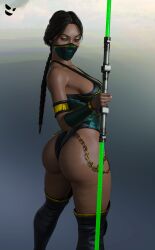 1girls 3d ass back_view big_ass big_breasts black_hair dark-skinned_female dark_skin dat_ass female female_only gm_studios jade_(mortal_kombat) long_hair looking_at_viewer massive_ass mortal_kombat mortal_kombat_11 rear_view solo_female thick_thighs