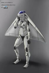 aeromorph breasts drqube eyeless genitals grey_body hi_res living_machine machine metallic_body nipples pussy robot smile solo wings