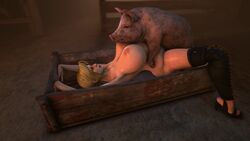 1boy 1girls 3d animated areolae big_breasts bouncing_breasts breasts dead_or_alive female helena_douglas johndoe1970 large_breasts male missionary missionary_position nipples no_sound nude pig pregnant sex source_filmmaker thighhighs video zoophilia