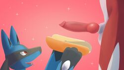 16:9 2019 ambiguous_gender animal_genitalia animal_penis anthro balls blue_fur canid canine duo erection food food_play fur genital_focus hot_dog hot_dog_bun humor kibo_wolf knot lucario lycanroc male male_only mammal midnight_lycanroc nintendo nude open_mouth penis penis_hot_dog pokemon pokemon_(species) red_eyes smile tongue video_games white_fur