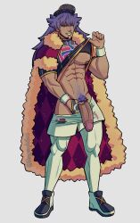 1boy abs cape clothed dark-skinned_male leggings leon_(pokemon) male male_only muscular muscular_male nipples pecs penis pokemon pokemon_ss pubic_hair purple_hair sneakers solo solo_male tagme winking yellow_eyes