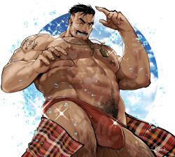 1boy 2024 bara barazoku beard_stubble bulge hairy_chest hi_res highres male male_nipples male_only male_pubic_hair manly mature_male moustache muscular_male nipples penis_outline rybiok underwear wet