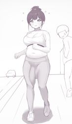 1boy 1futa 2024 balls bangs belly big_breasts big_penis big_testicles blush breasts breath bulge bulge_down_leg chubby chubby_futa chubby_futanari cleavage clothed clothing cock_outline dickgirl dickgirl/male exercise exercise_clothing flaccid fully_clothed futa_focus futanari going_commando grey_background greyscale hair_bun huge_cock human jogging male midriff minishell monochrome navel pants penis plump public short_hair simple_background skin_tight sneakers solo_focus sports_bra standing sweat white_background yoga_pants