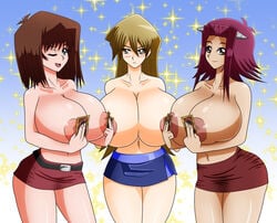 3girls :d akiza_izinski alexis_rhodes beltskirt big_breasts blonde_hair blue_eyes blue_skirt breasts brown_hair cards clothed covering_nipples female female_only hair_ornament huge_breasts human izayoi_aki konami long_hair miniskirt multiple_girls nipples one_eye_closed oxdaman oxdarock red_hair red_skirt short_hair skirt smile tea_gardner thick_legs thick_thighs topless voluptuous wide_hips yu-gi-oh! yu-gi-oh!_5d's yu-gi-oh!_gx yuu-gi-ou yuu-gi-ou_5d's yuu-gi-ou_gx zahkey