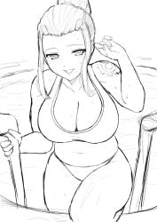 1girls belly big_breasts brigitte brigitte_lindholm cleavage female hair_clips hairclip honya6 long_hair navel one-piece_swimsuit overwatch overwatch_2 ponytail pool shoulder_tattoo sidelocks solo swimsuit tattoo thick_thighs wet