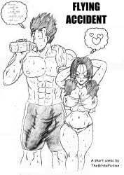 1boy 1girls biting_lip black_and_white bulge bulge_through_clothing cover_page dragon_ball_z half-dressed half_naked huge_cock nipples_visible_through_clothing panties shirtless son_gohan sweaty_body thewritefiction videl videl_(long_hair)