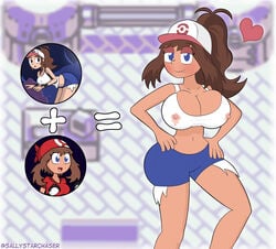 <3 2019 2girls alternate_breast_size bandana baseball_cap bedroom_eyes bending_forward bending_over bent_over blue_eyes blue_shorts blush breast_expansion breasts cap clothed denim_shorts female fusion gloves hands_on_hips happy hazel_eyes hilda_(pokemon) human jean_shorts lactation lactation_through_clothes lidded_eyes may_(pokemon) milk moderate_tomboys nintendo open_mouth pokemon pokemon_bw pokemon_rgby pokemon_rse pokemon_trainer raised_ass red_bandana sally_starchaser seductive seductive_look shorts smile smirk snaggle_tooth tank_top text thick_thighs tomboys white_tank_top wide_hips wristbands