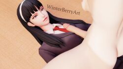 1futa 1girls 3d ass black_hair breasts dick female_focus futa_on_female futanari grey_eyes hairband long_hair looking_at_penis mole_under_eye naked naked_female nipples penis_on_breast penis_on_chest school_uniform tomie watermark winterberryart