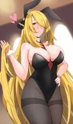 1girls 2024 absurdres blonde_hair blush breasts bunny_ears bunny_girl bunnysuit cleavage cynthia_(pokemon) fake_animal_ears female female_only hair_ornament hair_over_one_eye hand_on_hip highres large_breasts light-skinned_female light_skin long_hair looking_at_viewer marun3co nintendo pantyhose pokemon pokemon_dppt solo tie wrist_cuffs