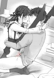 1boy after_kiss bar_censor blush bow bowtie carrot_(robosquat) censored couple eye_contact female greyscale hair_ribbon high-waist_skirt highres hug indoors jirai_kei long_hair looking_at_another monochrome original ribbon saliva saliva_trail sex skirt straddling straight sweat tearing_up thighhighs tongue tongue_out twintails upright_straddle vaginal_penetration