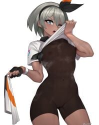 1girls bea_(pokemon) black_hairband bodysuit breasts brown_leotard brown_skin cameltoe clothes_lift commentary covered_navel cowboy_shot creatures_(company) dynamax_band female fingerless_gloves game_freak gloves gluteal_fold grey_eyes grey_hair gym_leader hairband half_gloves highres holding holding_towel leotard nintendo nipples one_eye_closed open_mouth pokemon pokemon_ss revian_samuel_dani shirt_lift short_hair small_breasts solo sportswear steaming_body sweat sweaty_body towel twitter_username wristband