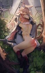animal_ears arknights ass comforting comforting_another double_tail female female_only gandy_(gan3e46) leaking_pussy mousse_(arknights) nude pozyomka_(arknights) pussy spank_marks spanking tail tears