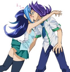 1boy 1girls blue_hair blush breasts brother_and_sister dntks female green_skirt human incest kamishiro_rio kiss kissing legwear male medium_breasts red_eyes rio_kamishiro ryoga_kamishiro school_uniform short_skirt sibling sibling_(lore) siblings skirt thick_legs white_background yu-gi-oh! yu-gi-oh!_zexal