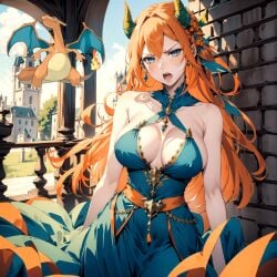 ai ai_generated blue_eyes castle charisa charizard curvy humanization large_breasts long_hair nintendo orange_hair pokemon pokemon_(species) pokewomen standing