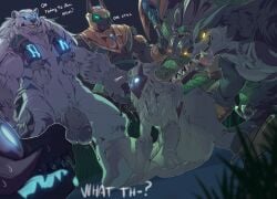 1girls 5boys antalauzt big_penis feral_warwick furry grey_body grey_fur imminent_rape kindred lamb_(league_of_legends) large_penis league_of_legends mask masked_female nasus renekton silver_age_series size_difference surrounded volibear warwick white_fur wolf_(league_of_legends)