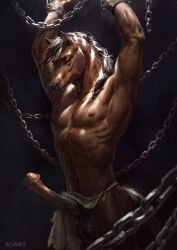 alsares animal_genitalia anthro balls bottomwear bottomwear_aside brown_body chained chains clothing clothing_aside equine_genitalia ganachethehorse genitals hair hi_res loincloth loincloth_aside male male_only nipples penis solo vein veiny_penis