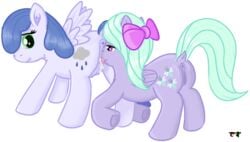 absurd_res blue_hair breasts cutie_mark dock duo equid equine fan_character female feral flitter_(mlp) friendship_is_magic hair hair_ribbon hairbow hi_res horse mammal my_little_pony poniidesu pony purple_eyes pussy raincloud_drops ribbons sex signature teal_eyes underhoof wings