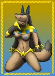 absurd_res anthro anubis_(pal) blue_eyes blue_nipples breasts brown_body brown_fur canid canine canis deity female fur gold hi_res mammal nipples pal_(species) palworld pinup pocketpair pose solo thehatredburrito