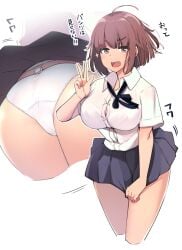 1girls ahoge ass breasts brown_eyes brown_hair bursting_breasts clothes_pull crotch_seam ippongui large_breasts miniskirt original panties panty_tag pantyshot school_uniform skirt skirt_tug solo tag translation_request underwear v white_panties wind wind_lift