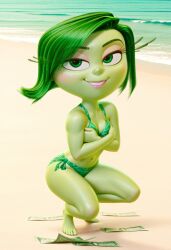 1boy 1girls 2025 ai_generated background beach bikini civitai d3rmal disgust_(inside_out) disney evening green_body green_eyes green_hair green_skin hands_on_breasts inside_out inside_out_2 looking_at_viewer money naughty_face pixar sand seductive seductive_look seductive_smile short_hair squatting tagme water