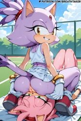 ai_generated amy_rose anus ass blaze_the_cat breathtaker cunnilingus furry furry_female grabbing_ass green_eyes hi_res lesbian_sex on_ground on_towel outdoors pink_fur purple_fur pussy sitting_on_face skirt small_breasts small_tits sonic_(series) sonic_the_hedgehog_(series) sports_bra squatting tennis_ball tennis_court tennis_outfit tennis_racket tennis_skirt tennis_uniform visor visor_cap wet yellow_eyes yuri