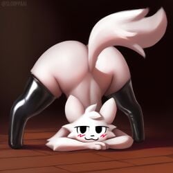 ai_generated anthro bent_over blush boy_kisser_(meme) boykisser femboy furry jack-o'_pose latex_thighhighs legwear looking_at_viewer looking_back male_only silly_cat_(mauzymice) sloppaai smile sole_male tail thigh_highs thighhighs thighs