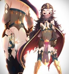 black_hair blush cape circlet corruption elbow_gloves female fire_emblem fire_emblem_fates gloves hair_ornament heart long_hair mostly_clothed no_panties nyx_(fire_emblem) panties_down pelvic_curtain pulling_panties red_eyes solo tattoo thighhighs