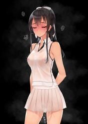 bare_shoulders black_hair breasts closed_eyes collar covered_nipples female highres long_hair medium_breasts murakami_suigun nipples original pleated_skirt ponytail pussy_juice see-through_clothes shirt sidelocks skirt solo sportswear t-shirt tennis_uniform