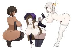 3girls big_breasts black_thighhighs blue_eyes brown_eyes brown_hair condom_on_nipples dark-skinned_female dark_skin earrings faust_(limbus_company) female_only flame gloves leaning_forward limbus_company long_gloves long_hair outis_(limbus_company) project_moon red_eyes rodion_(limbus_company) short_hair side_ponytail squatting stockings white_hair white_thighhighs 芝士于丸