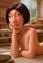 1girls 2025 ai_generated blue_eyes boobs brown_hair civitai colette_tatou d3rmal disney floor food kitchen naked nose pixar plate ratatouille restaurant seductive seductive_look seductive_smile short_hair solo table tagme wanting_sex wink