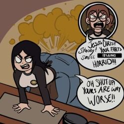 angry black_hair brown_hair color earrings fart farting goddgod1 jeans julie_powers ponytail round_glasses scott_pilgrim stacey_pilgrim tagme text