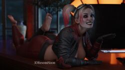 1girls 3d_(artwork) 3drendernoob barefoot big_ass blender_(software) blonde_hair cleavage colored_hair dc dc_comics harley_quinn harley_quinn_(injustice) injustice_2 large_ass large_breasts makeup midriff on_desk open_jacket smile_at_viewer solo_female twintails voluptuous