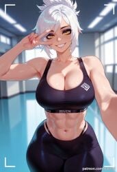 abs ai_generated balecxi bare_shoulders black_sports_bra blurry blurry_background cleavage collarbone female grin indoors large_breasts league_of_legends looking_at_viewer makeup muscular muscular_female navel only_riven pants panty_straps riven selfie smile solo sports_bra stomach teeth thick_thighs underwear v v_over_eye white_hair yellow_eyes