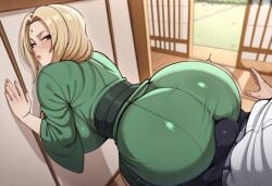 1boy 1girl 1girls 2d against_surface against_wall ai_generated assjob blonde_hair blueice564 bulge bulge_to_ass buttjob clothed clothed_female clothing dry_humping erection erection_under_clothes forehead_mark green_kimono grinding huge_ass huge_breasts humping large_ass large_breasts large_bulge looking_back naruto naruto_(series) naruto_shippuden side_view tsunade