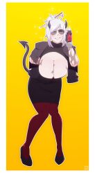 1girls big_breasts black_blazer black_sleeves blazer blush breasts burn_scar clothed clothed_female coat_on_shoulders demon_horns demon_tail female female_only fingerless_gloves fully_clothed fully_clothed_female glasses gloves hanztakeshir18_(artist) helltaker helltaker_oc high_heels horns leggings light-skinned_female light_skin long_sleeves oc original original_character pale-skinned_female pale_skin pencil_skirt red_eyes red_sleeves red_sweater regetta_(hanztakeshir18) scar short_hair simple_background skirt solo standing stockings sunglasses sweater thick_thighs thighs tomboy white_hair