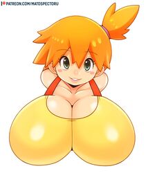 1girls :3 alternate_breast_size big_breasts breasts bust_style busty cleavage clothing female female_only green_eyes hair huge_breasts human human_only kasumi_(pokemon) large_breasts matospectoru nintendo orange_hair pokemon pokemon_rgby simple_background solo white_background