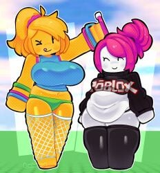 2girls big_breasts black_panties black_sweater black_thighhighs blue_crop_top bracelets breasts buckethead_(artist) chubby closed_eyes crop_top eyelashes fat female female_only freckles freckles_on_face glowstick glowstick_bracelet green_panties guest_(roblox) huge_breasts magenta_bra magenta_hair midriff mob_face noob noob_(roblox) one_eye_closed pink_bra pink_hair plump ponytail roblox robloxian scrunchie shiny_skin smile sweater tongue tongue_out white_fishnets white_skin yellow_hair yellow_skin