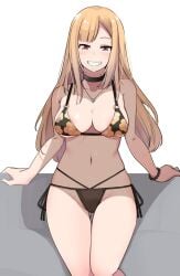 1girls arm_support bare_arms bare_legs bare_shoulders bikini black_bikini black_choker blonde_hair blush bracelet breasts choker cleavage commentary_request grin highres ippongui jewelry kitagawa_marin large_breasts long_hair looking_at_viewer navel o-ring paid_reward_available print_bikini red_eyes side-tie_bikini_bottom sitting smile solo sono_bisque_doll_wa_koi_wo_suru string_bikini swimsuit teeth thigh_gap